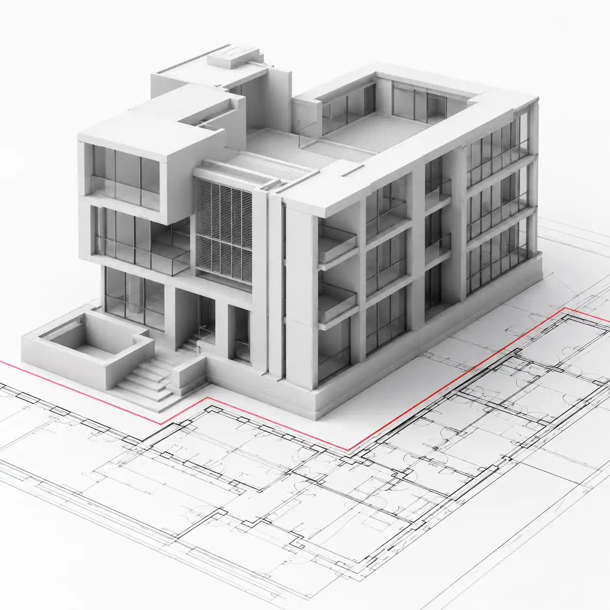 Clean white 3D architectural massing model layered over a technical floor plan, produced by Archvizly