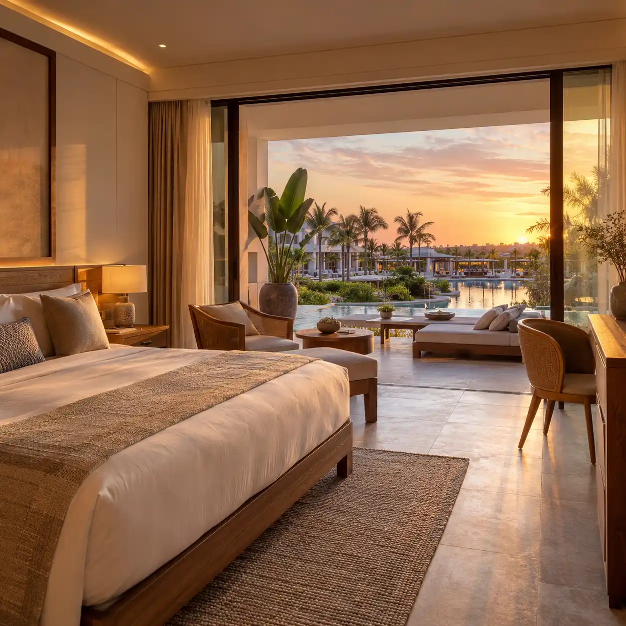 Photorealistic interior rendering of a luxury resort suite overlooking a sunset pool, produced by Archvizly for hospitality brands