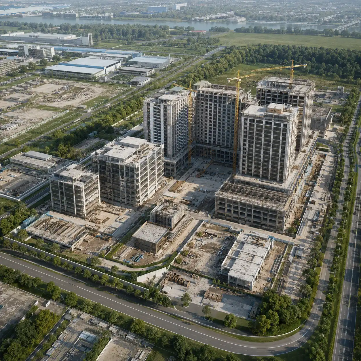 Aerial rendering of a large residential development under construction, produced by Archvizly for construction companies