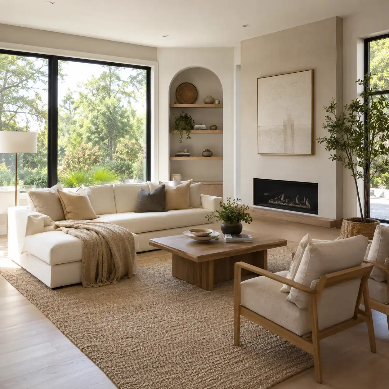 Photorealistic interior rendering of a modern living room with natural light, created by Archvizly for property marketing campaigns