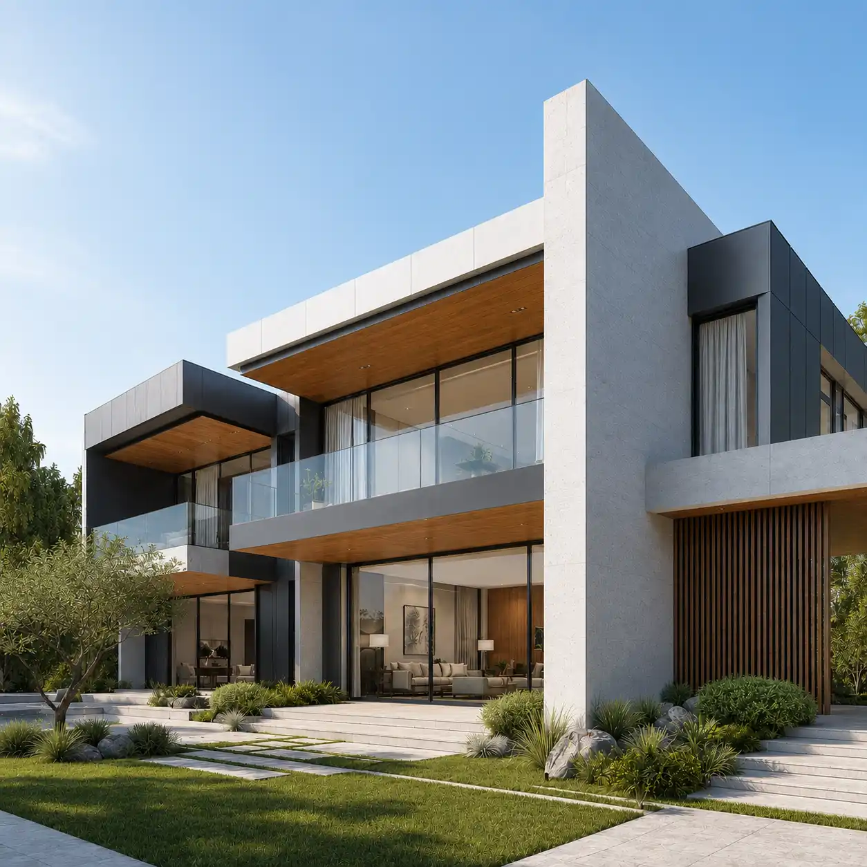 Photorealistic daylight exterior rendering of a modern luxury villa with glass facades and timber accents by Archvizly