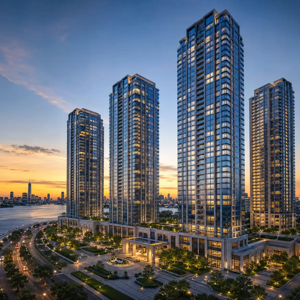 Photorealistic exterior rendering of waterfront residential towers at dusk, produced by Archvizly for real estate developers