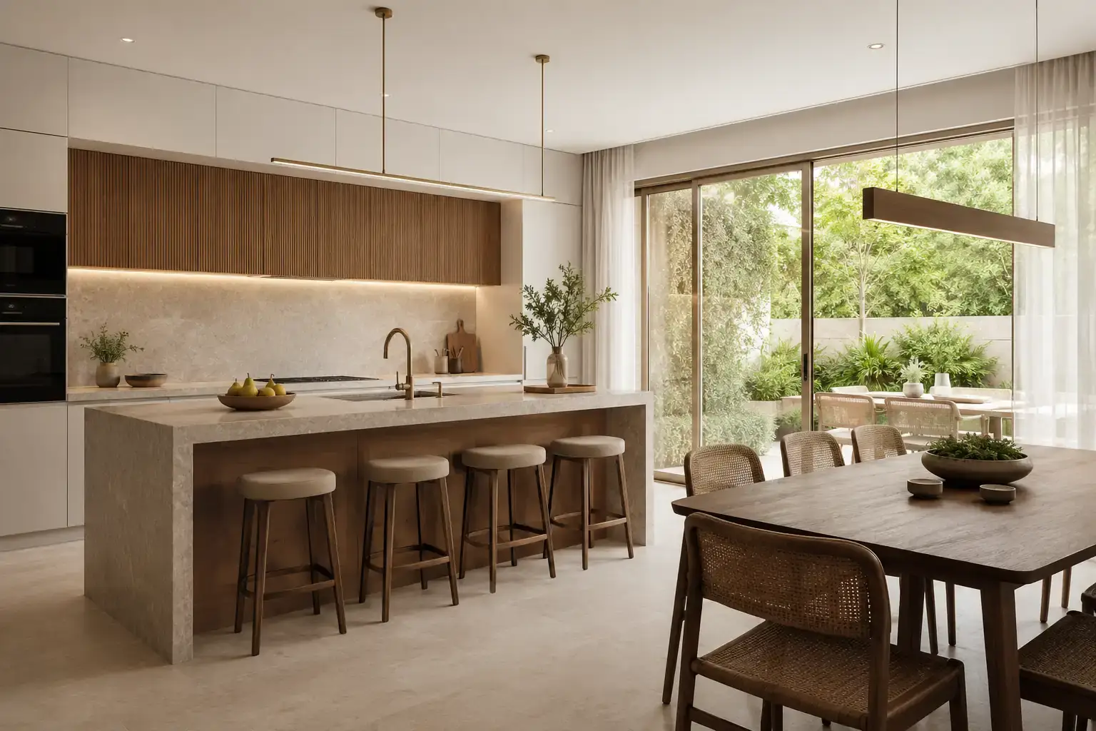 3D interior rendering of a modern open-plan kitchen and dining space with stone island