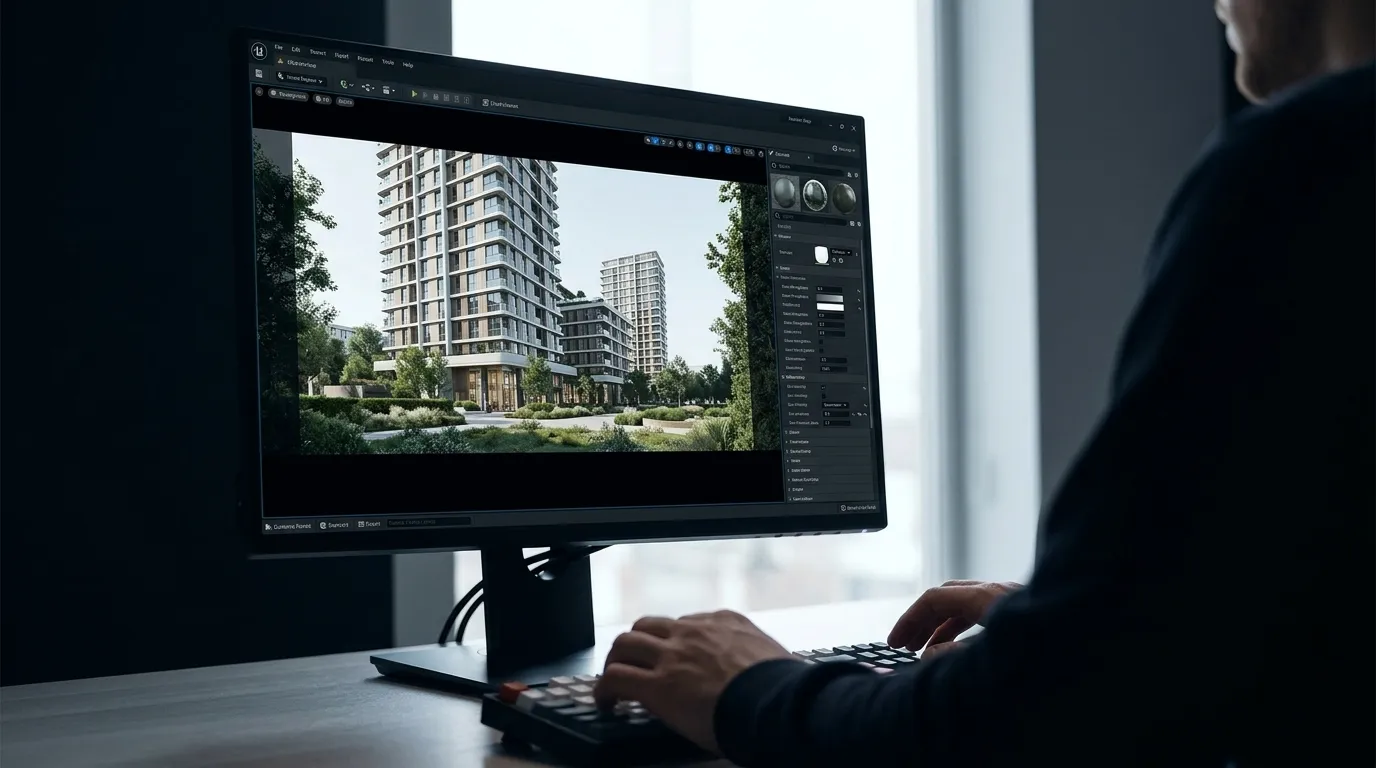 Archvizly production artist reviewing a residential tower exterior render in 3D rendering software, illustrating white label rendering production in progress
