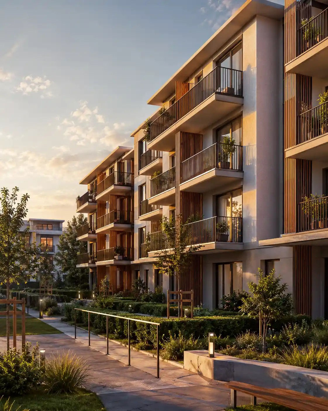 Photorealistic residential rendering of a low-rise apartment complex produced by Archvizly for real estate developers