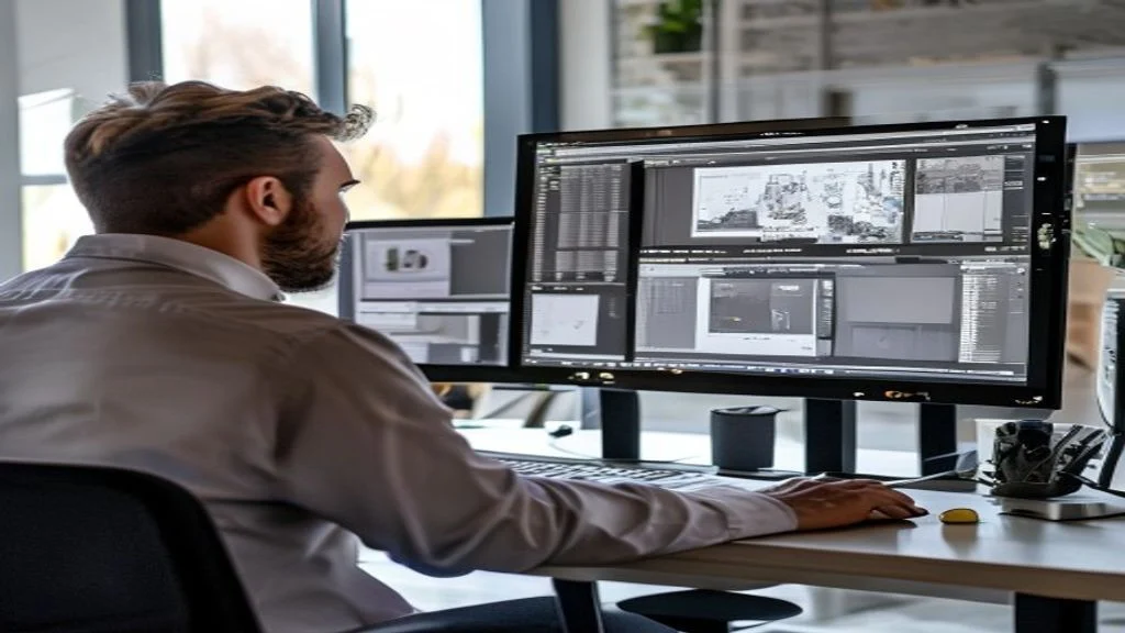 Architect comparing rendering software options on screen