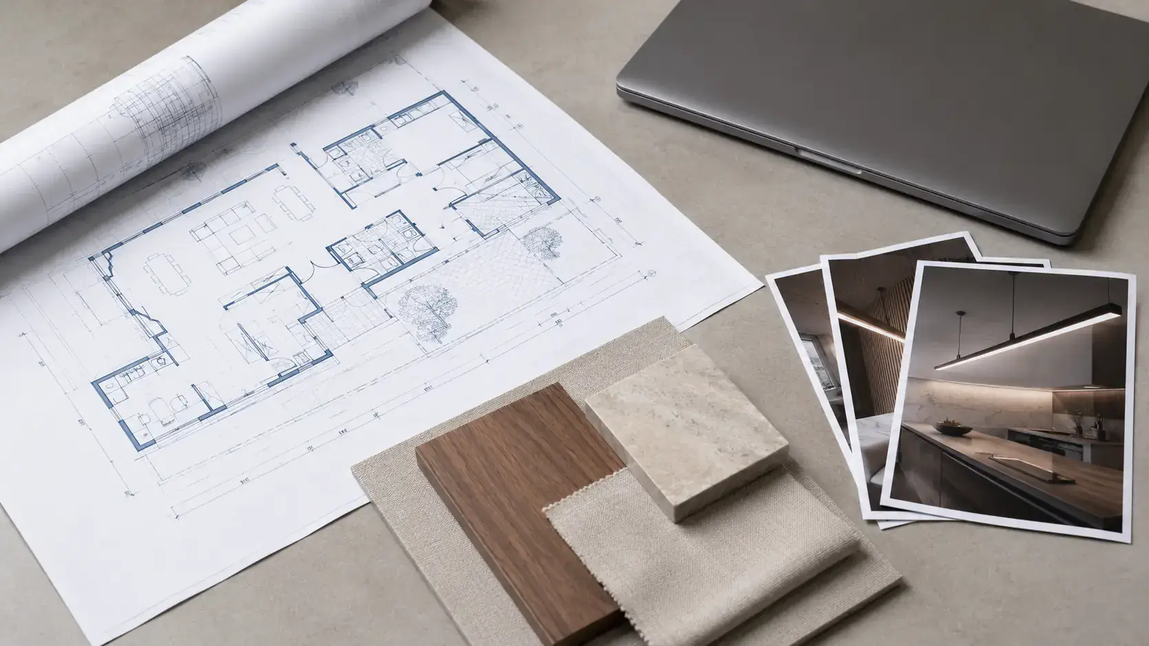 Flat-lay of architectural CAD floor plans and material mood board used in Archvizly's project intake process for architects and developers