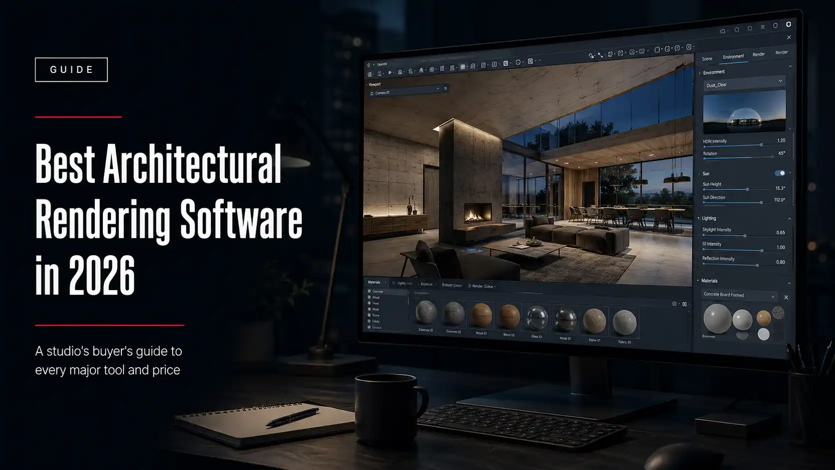 Workstation monitor displaying a 3D architectural rendering software interface with an interior living space render, alongside a guide title on the best rendering software for 2026