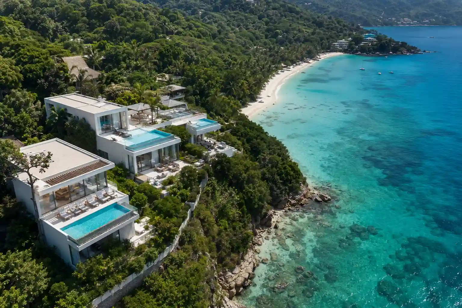 Aerial 3D rendering of coastal villas overlooking a turquoise bay