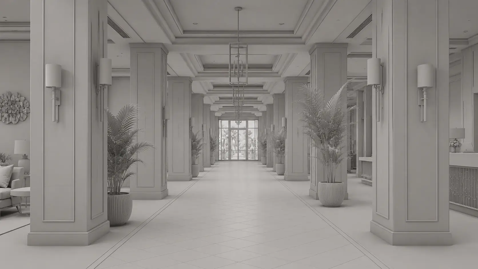 Grey clay-render preview of a hotel lobby interior used during Archvizly's design review and approval stage