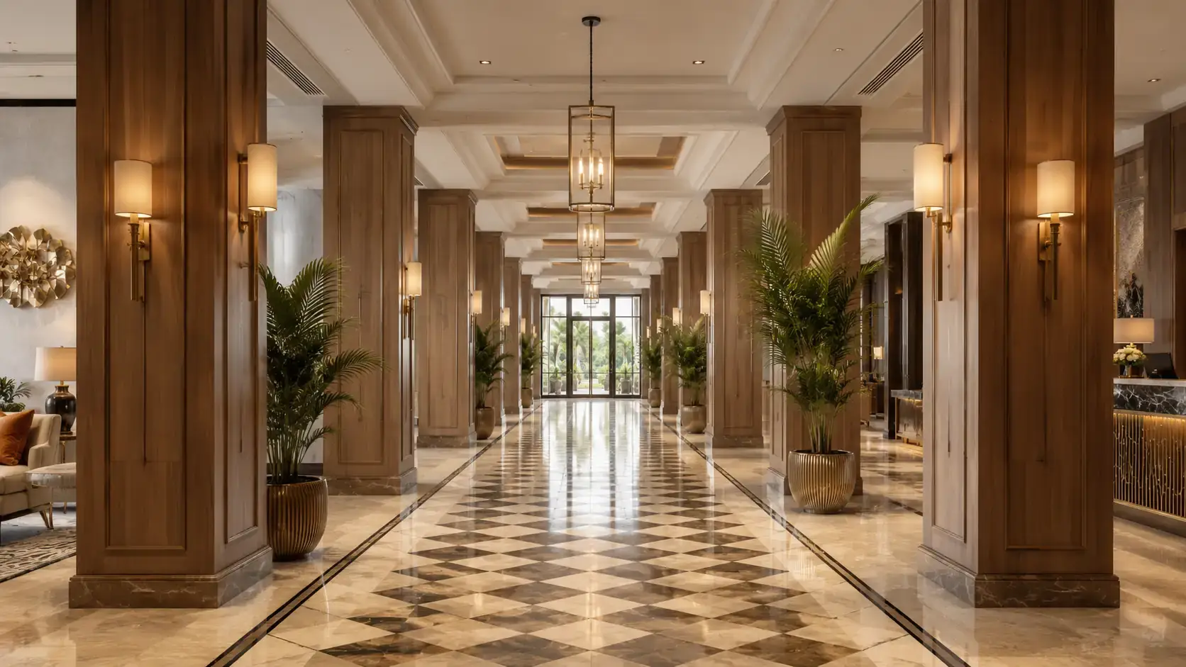 Photorealistic interior rendering of a luxury hotel lobby with marble flooring and wood-paneled columns by Archvizly