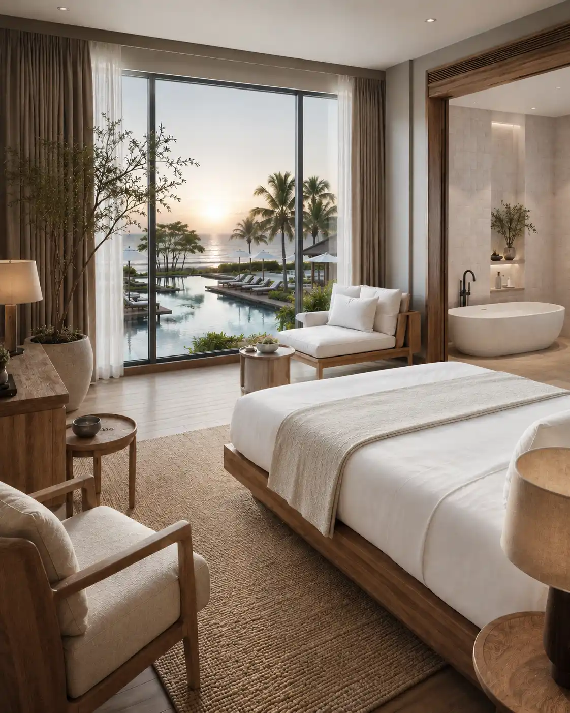 Photorealistic interior rendering of a luxury hotel suite produced by Archvizly for hospitality brand marketing