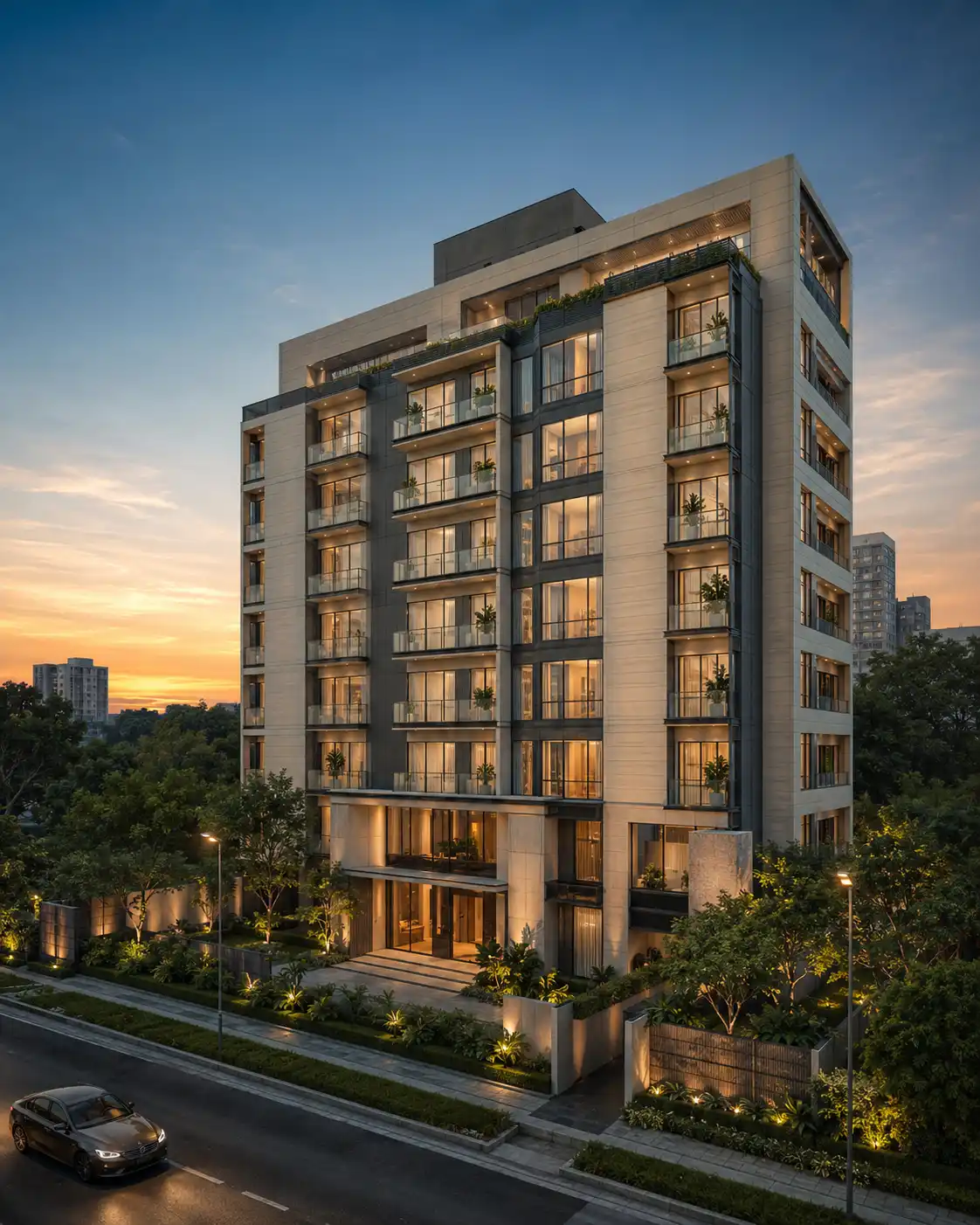 Photorealistic real estate rendering of a residential building created by Archvizly for a property launch marketing campaign