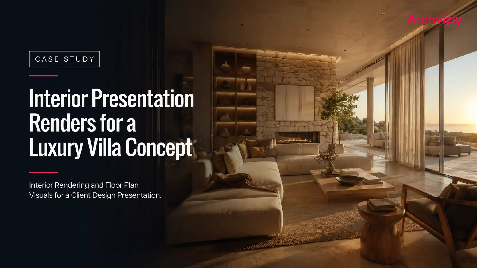 Case study cover image of a luxury villa living room interior rendering by Archvizly for a client design presentation in Spain