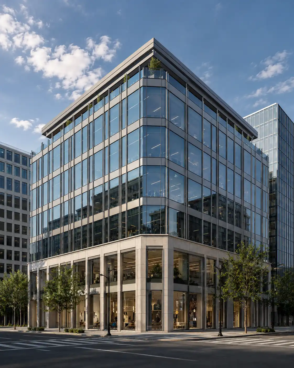 Photorealistic commercial rendering of a mixed-use retail and office building produced by Archvizly for commercial real estate marketing