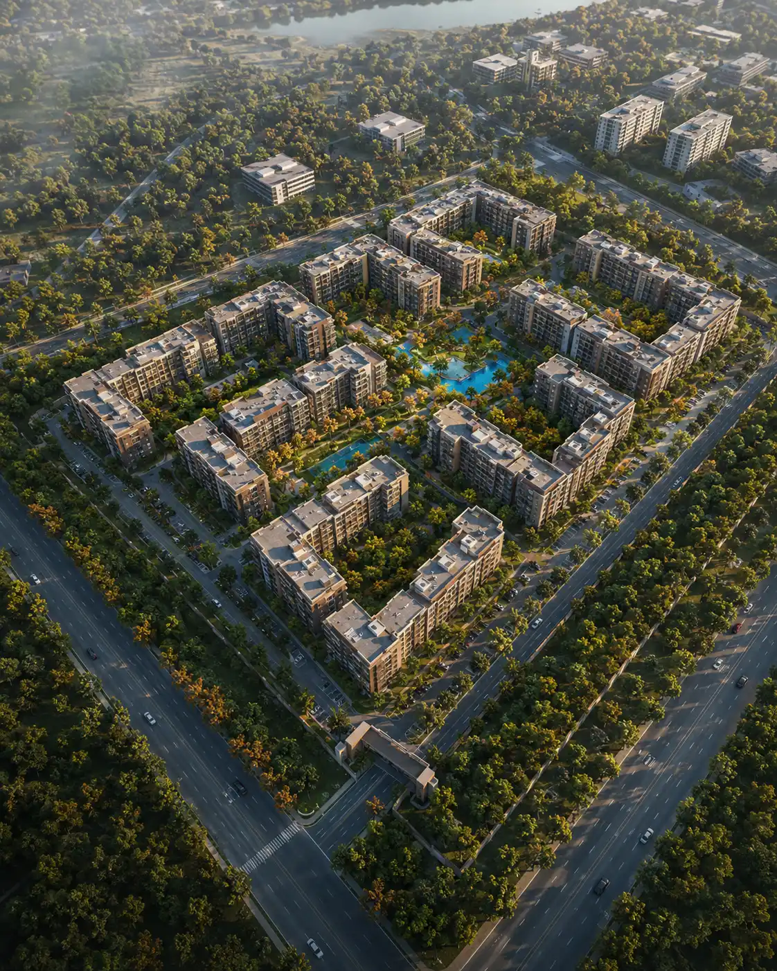 Photorealistic bird's-eye aerial rendering of a residential development produced by Archvizly for real estate marketing
