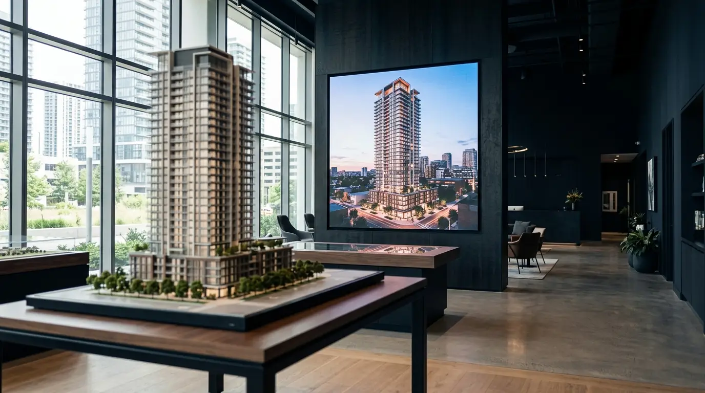 Sales gallery display screen showing a residential tower rendering beside a scale model, an example of architectural visualization outsourcing for a launch campaign