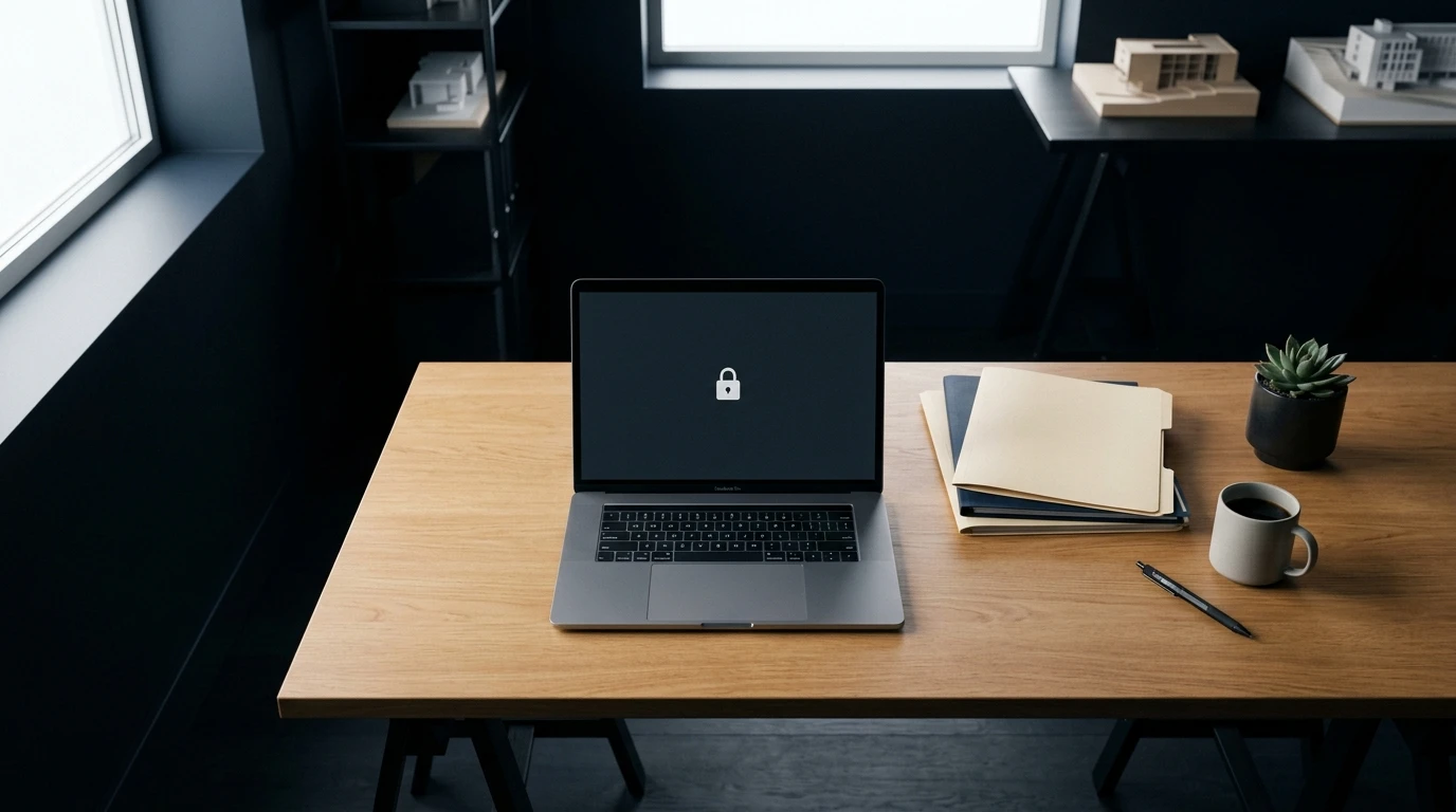 Locked laptop screen on a desk beside architectural models, representing secure NDA-protected delivery when you outsource architectural visualization