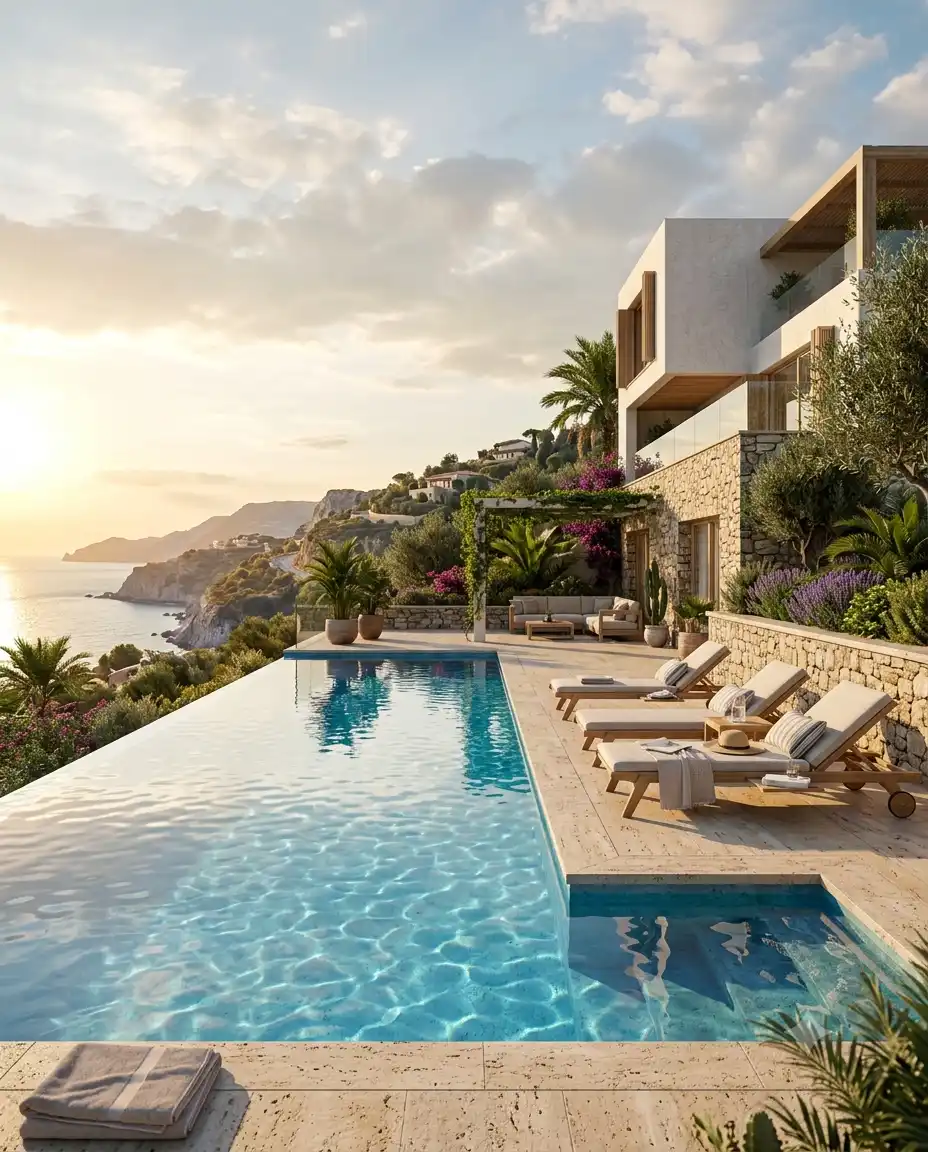 Photorealistic pool rendering of a modern infinity pool and sun deck produced by Archvizly for lifestyle marketing