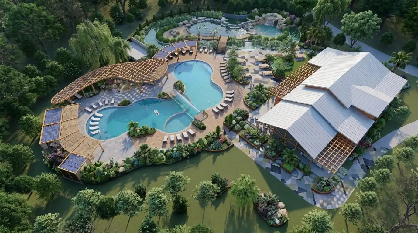 Site-wide landscaping and pool deck detail from an aerial view rendering by Archvizly
