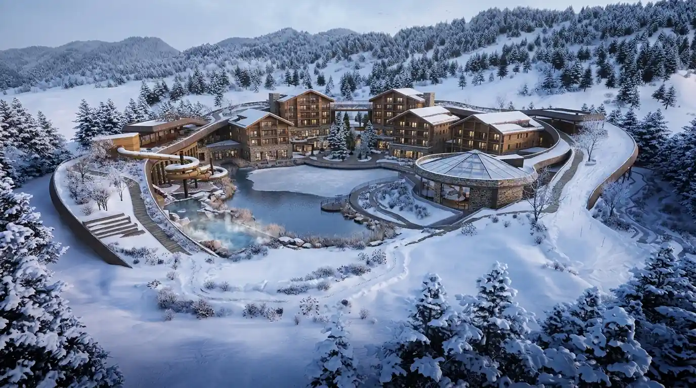 Dusk aerial rendering of an alpine ski resort development for investor pitch decks