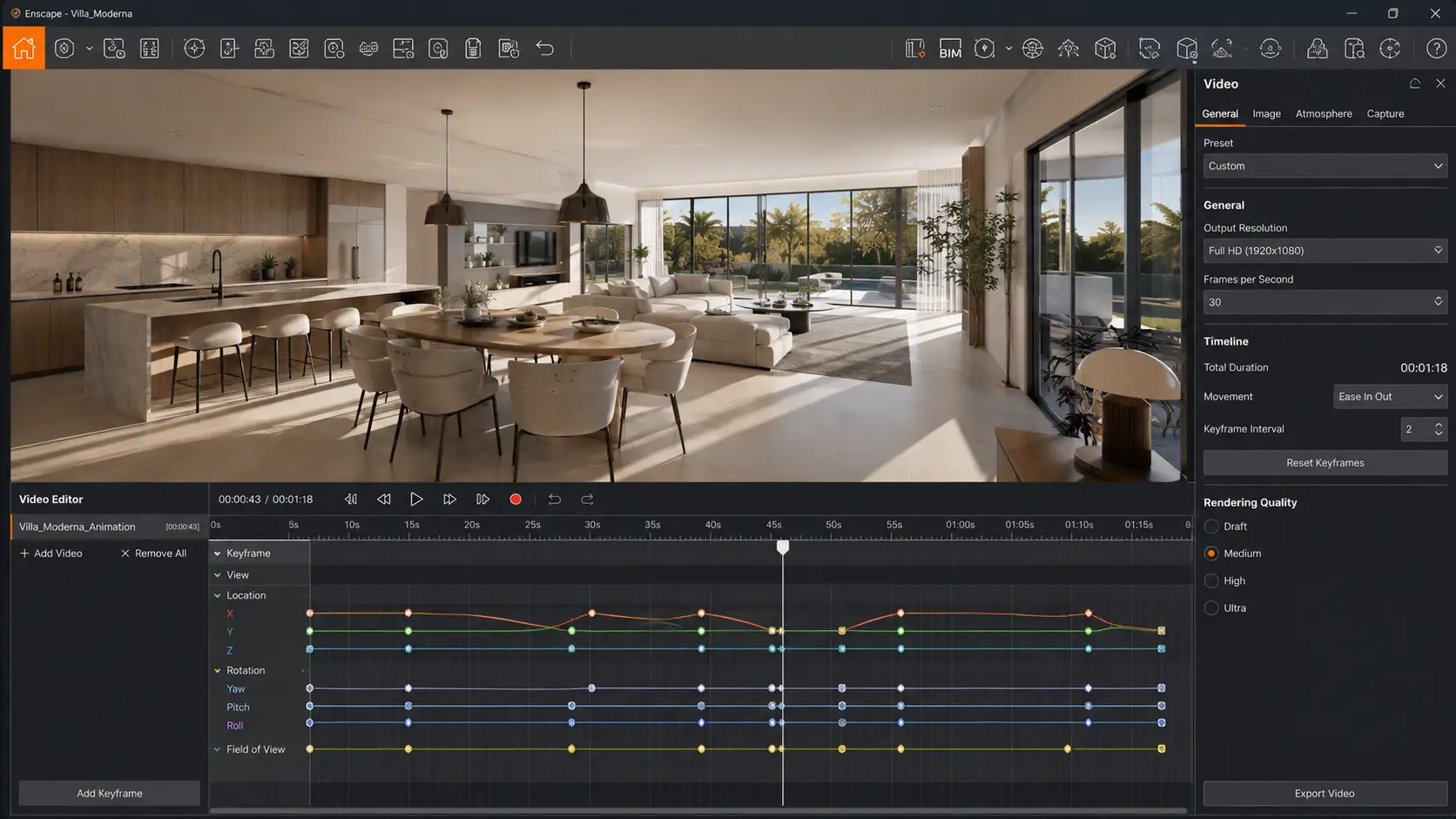 Animation render time in practice, a keyframe timeline for an architectural walkthrough in Enscape