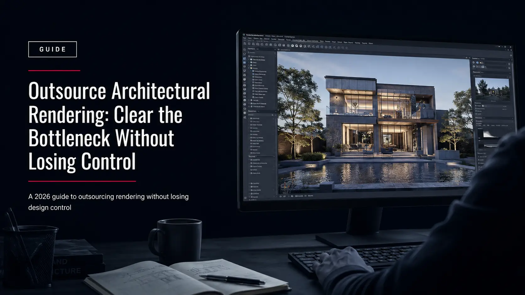 Architect reviewing a render after deciding to outsource architectural rendering before a competition deadline