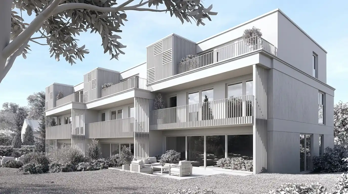 Fully modeled residential apartment building exterior, ready for material tagging and rendering