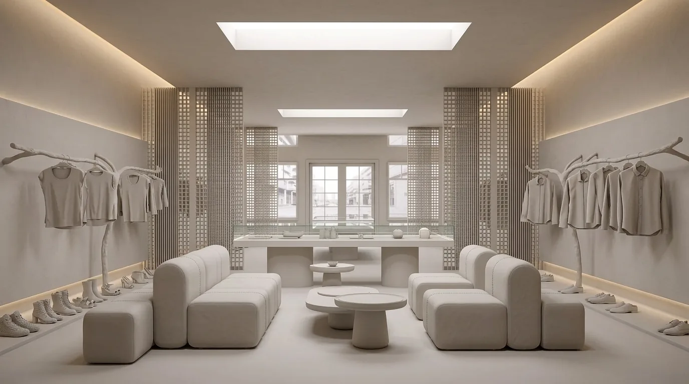 Untextured 3D model of a retail boutique interior, built from CAD reference drawings