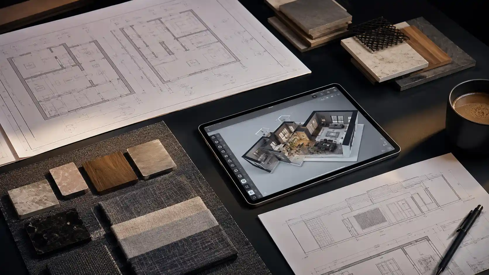 CAD files for rendering laid out with material samples and a 3D model on a tablet as part of a rendering brief