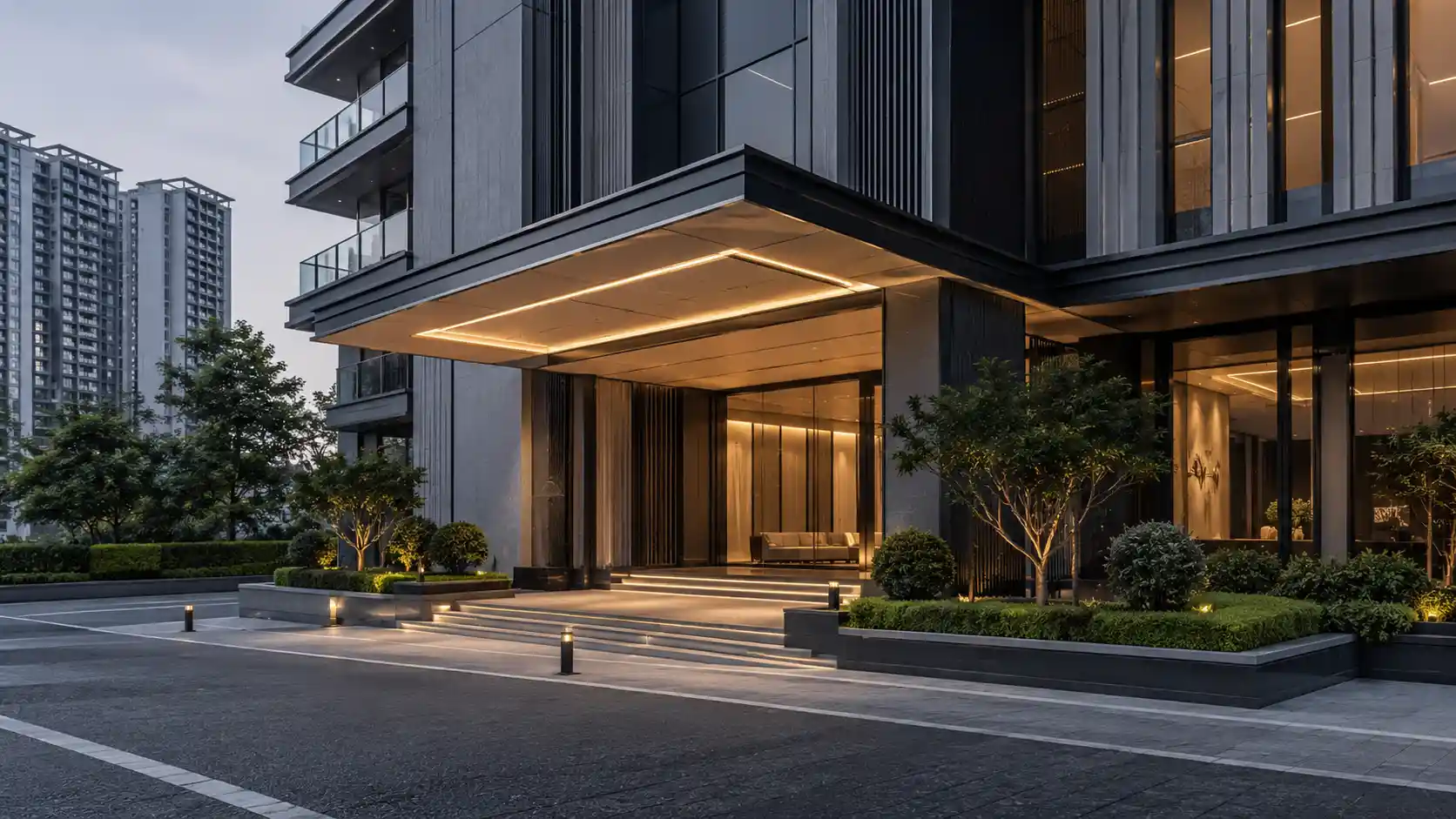 Eye-level exterior rendering of a building entry sequence for an architecture pitch