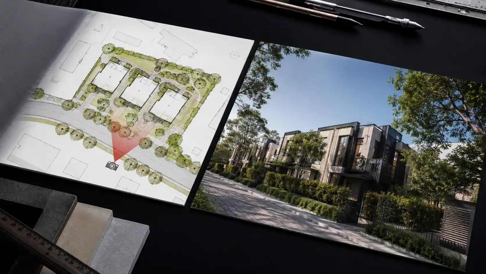 Camera position marked on a site plan next to the finished render, part of an architectural rendering brief