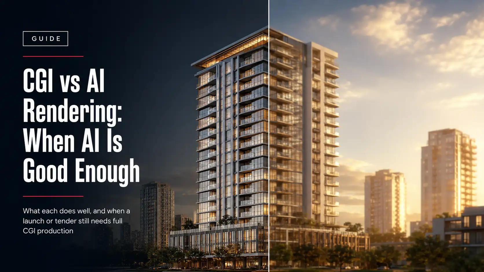 CGI vs AI rendering comparison of the same residential tower exterior, split between a precise CGI render and a softer AI-generated version