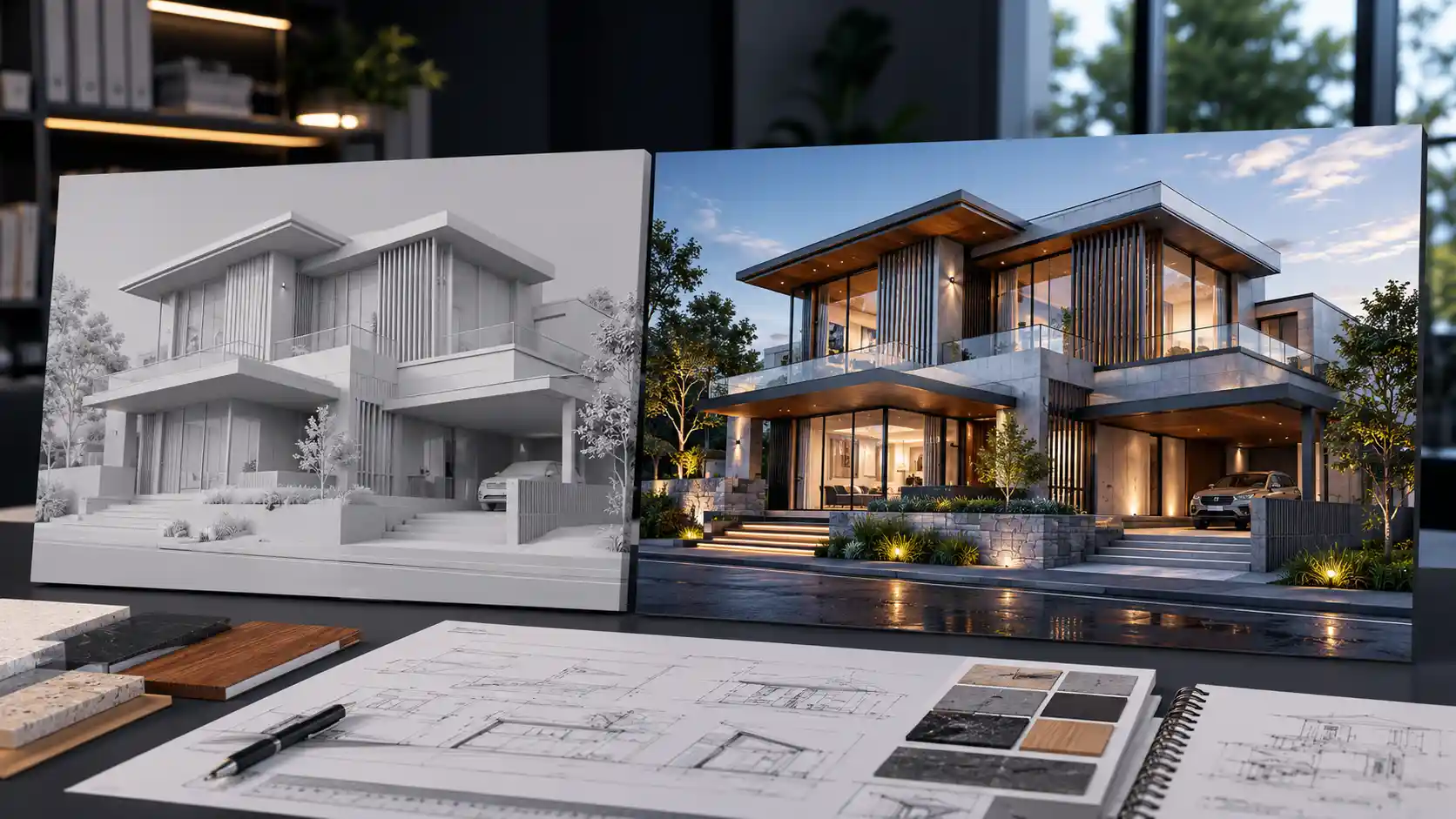 Clay draft beside a final photorealistic render showing an architectural visualization outsourcing workflow