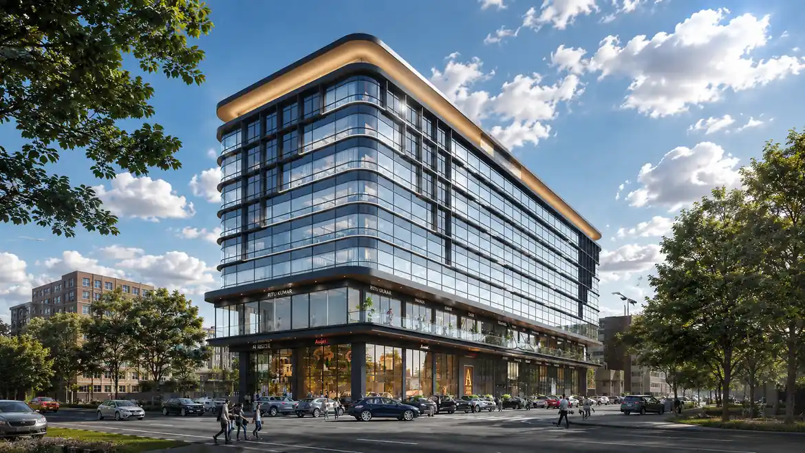 Photorealistic commercial rendering of ground-floor retail units in a mixed-use development