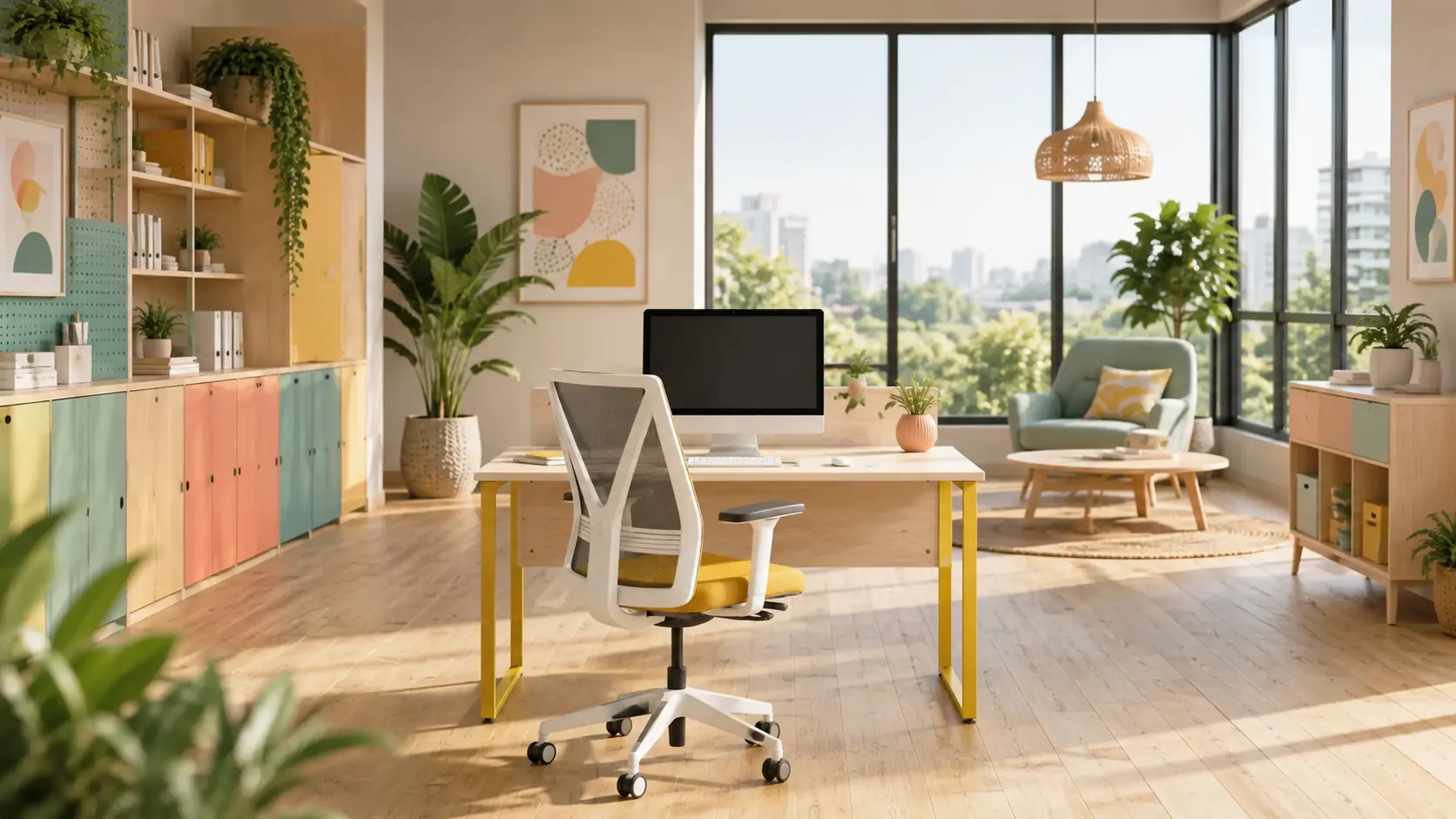 Commercial rendering of a sunlit office workstation and lounge area for a leasing campaign