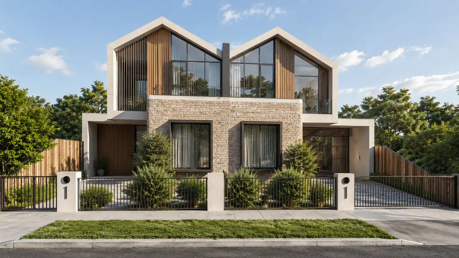 Exterior rendering of a contemporary gable-roof duplex with stone and timber facade, produced by Archvizly for residential development sales campaigns.