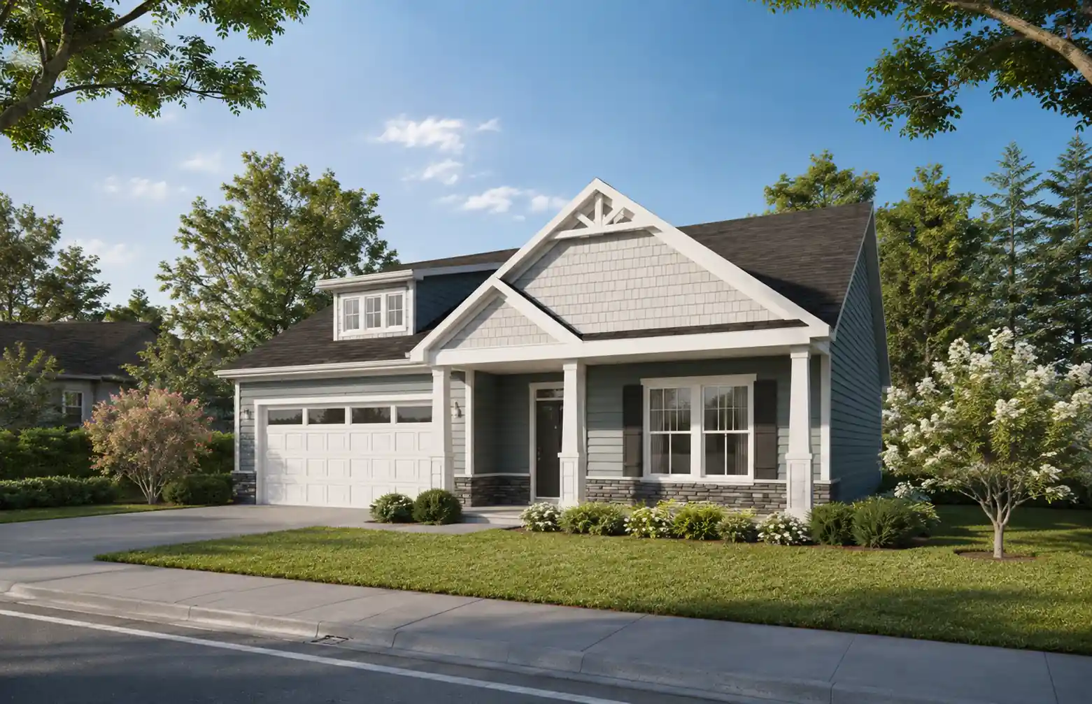 Photorealistic exterior rendering of a craftsman-style single-family home with stone accents, produced by Archvizly for residential real estate marketing.