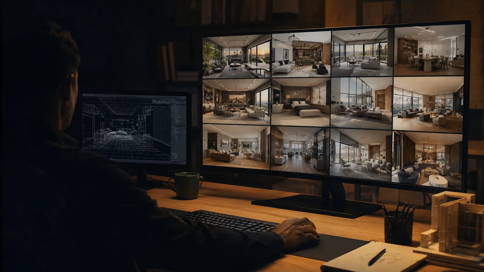 interior designer reviewing rendered options as part of the interior design approval process on a multi-screen setup