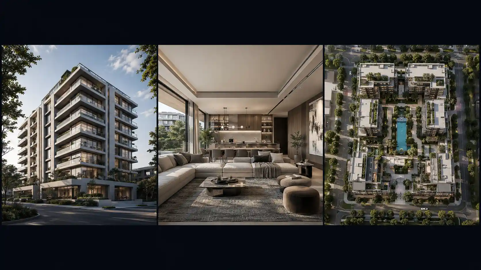 Matched exterior, interior, and aerial rendering set on architecture presentation boards