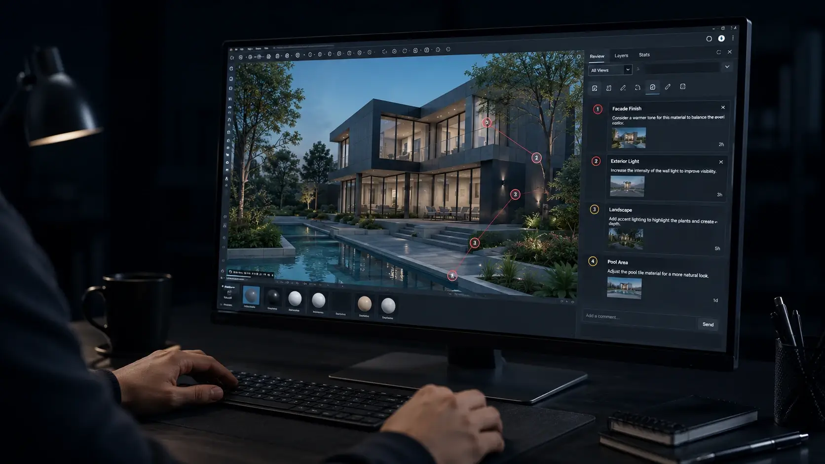 3D artist quality-checking an outsourced 3D architectural rendering before delivery
