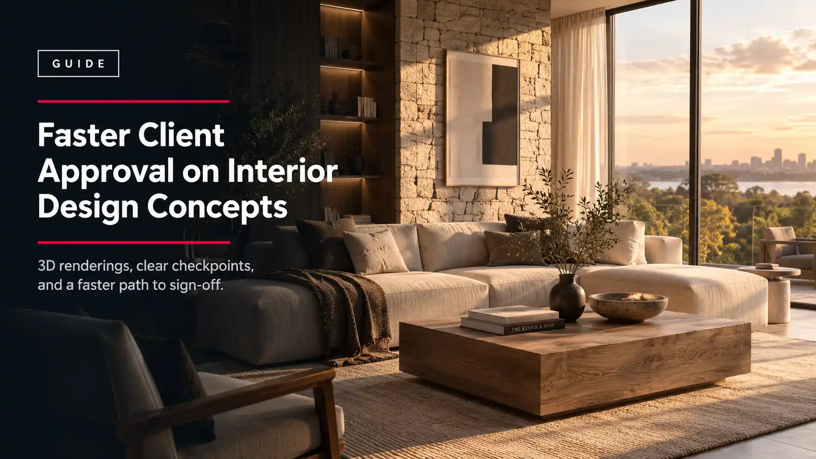 Faster client approval interior design concepts featured guide image with a photorealistic living room rendering at sunset