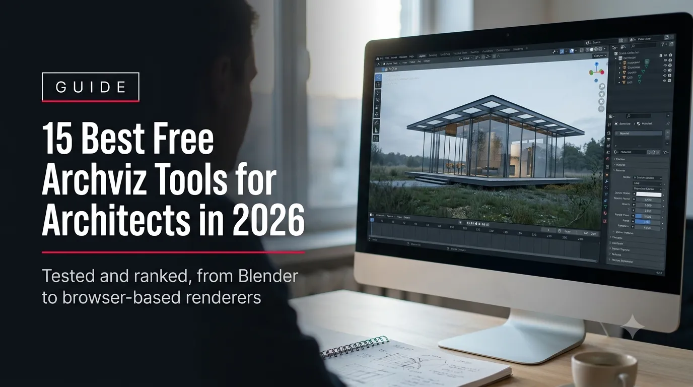 Architect's workstation running free archviz tools to render a photorealistic building exterior