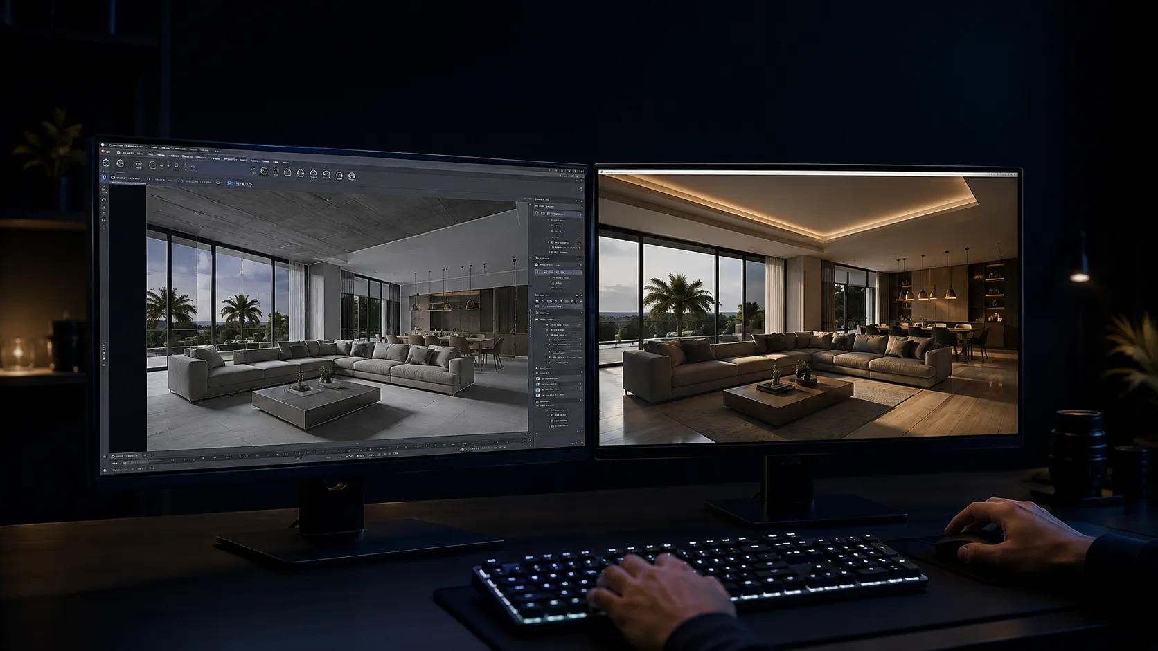 Side-by-side comparison of a free-tool render and a production-ready render of the same view