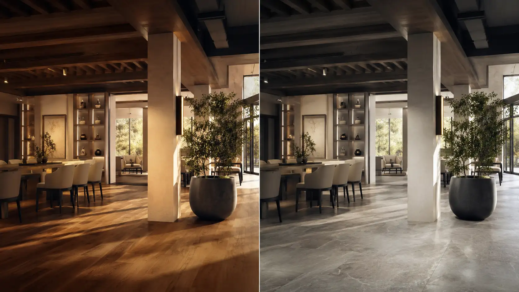 Interior render lighting and material variations covered under Archvizly's rendering revision policy