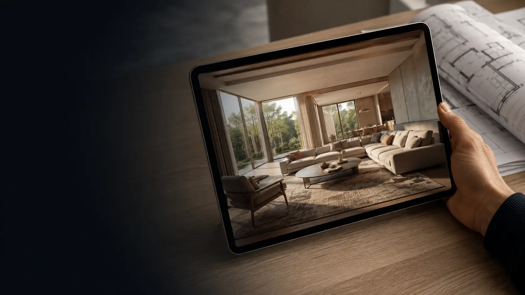 interior rendering reviewed alongside floor plans for interior design concept presentation on a tablet