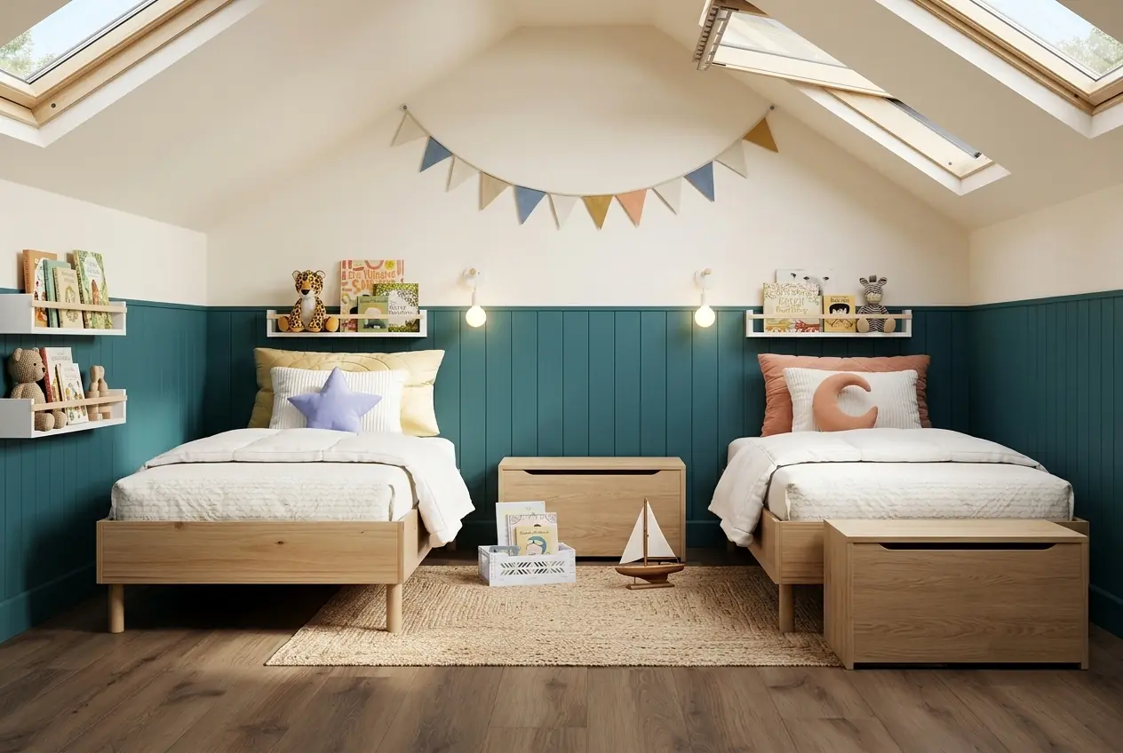 Interior rendering of an attic bedroom with twin oak beds, teal panelling, and skylights by Archvizly