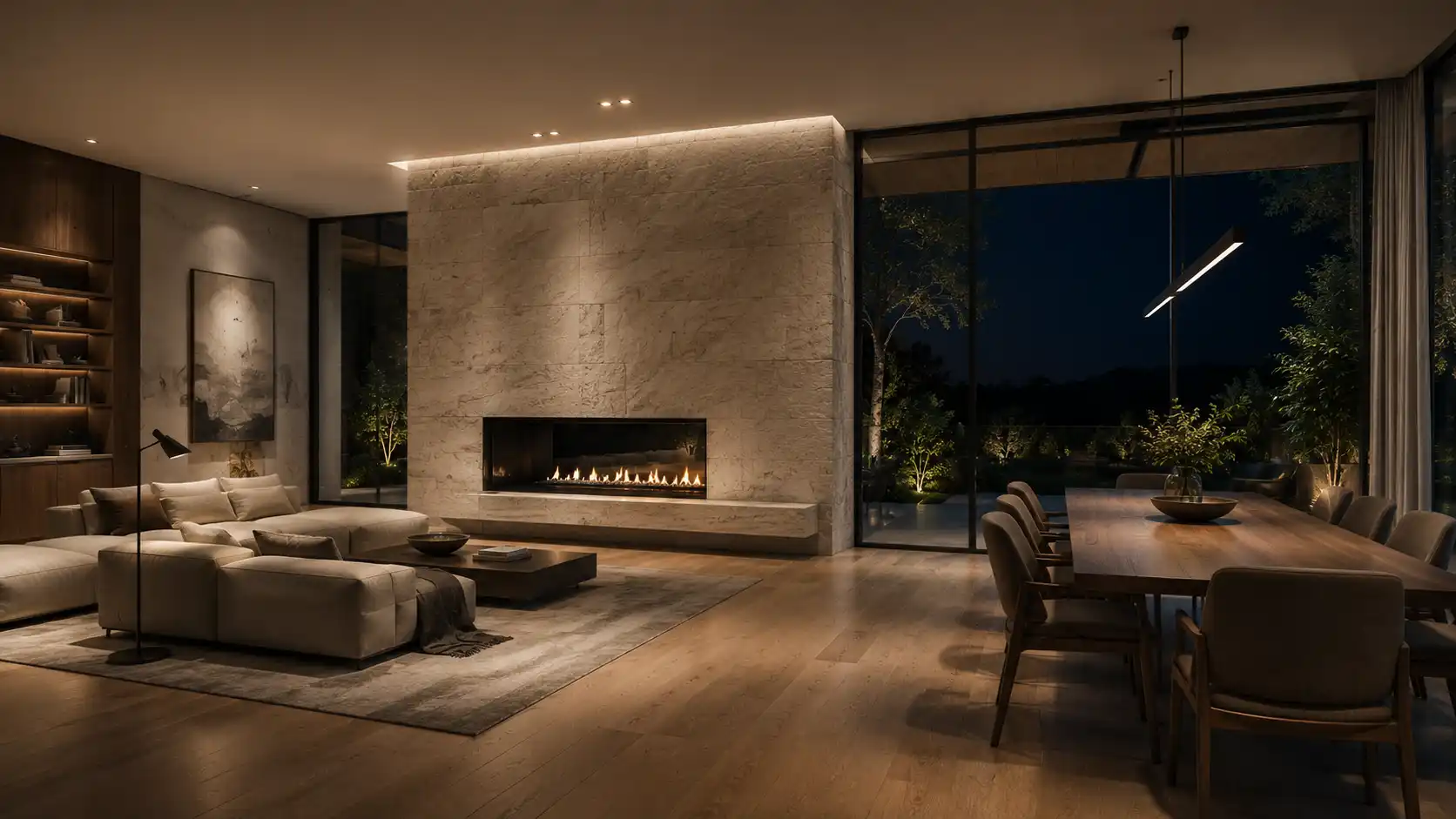 Photorealistic interior rendering of a luxury villa living and dining area with a stone fireplace, wood flooring, and evening garden views