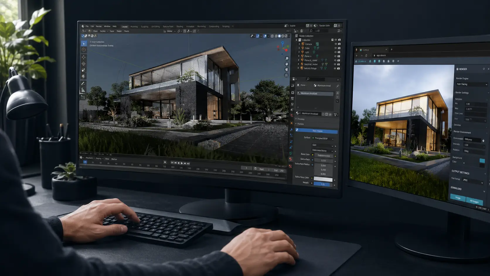Designer comparing an open-source 3D modeling viewport with a browser-based rendering tool