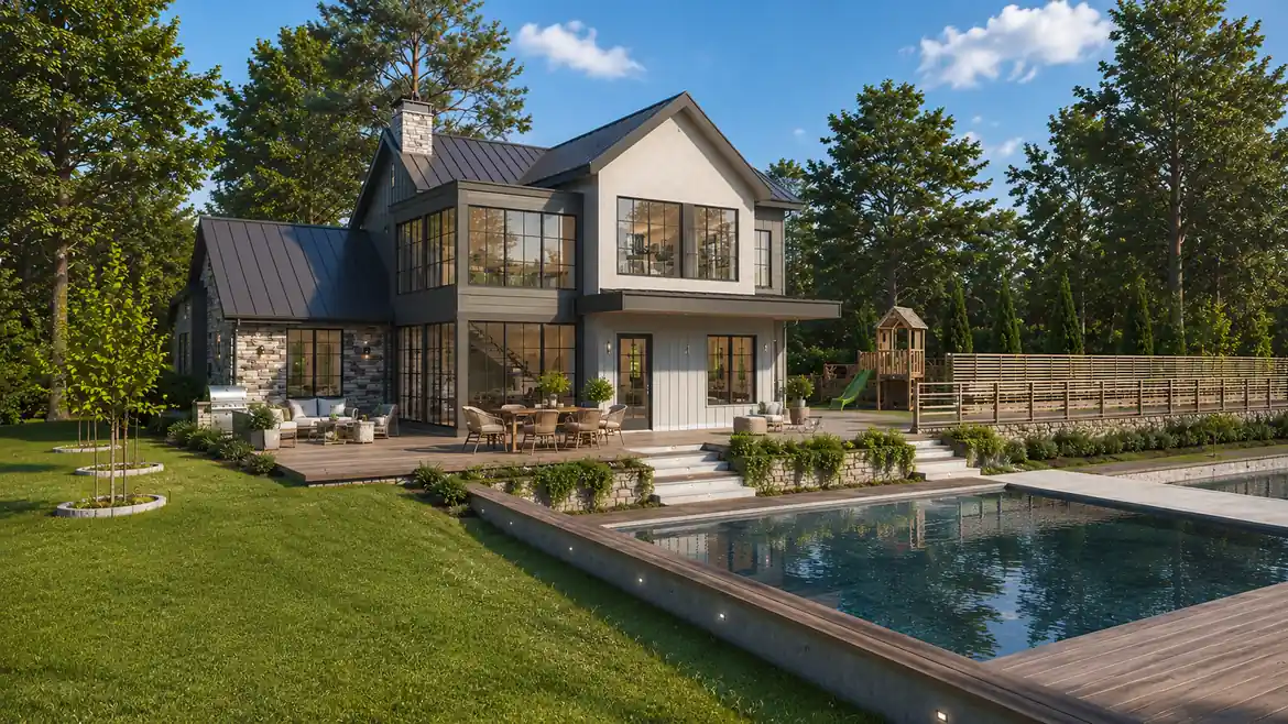 Photorealistic rendering of a modern farmhouse villa's backyard with pool and outdoor living deck, produced by Archvizly for luxury residential marketing.